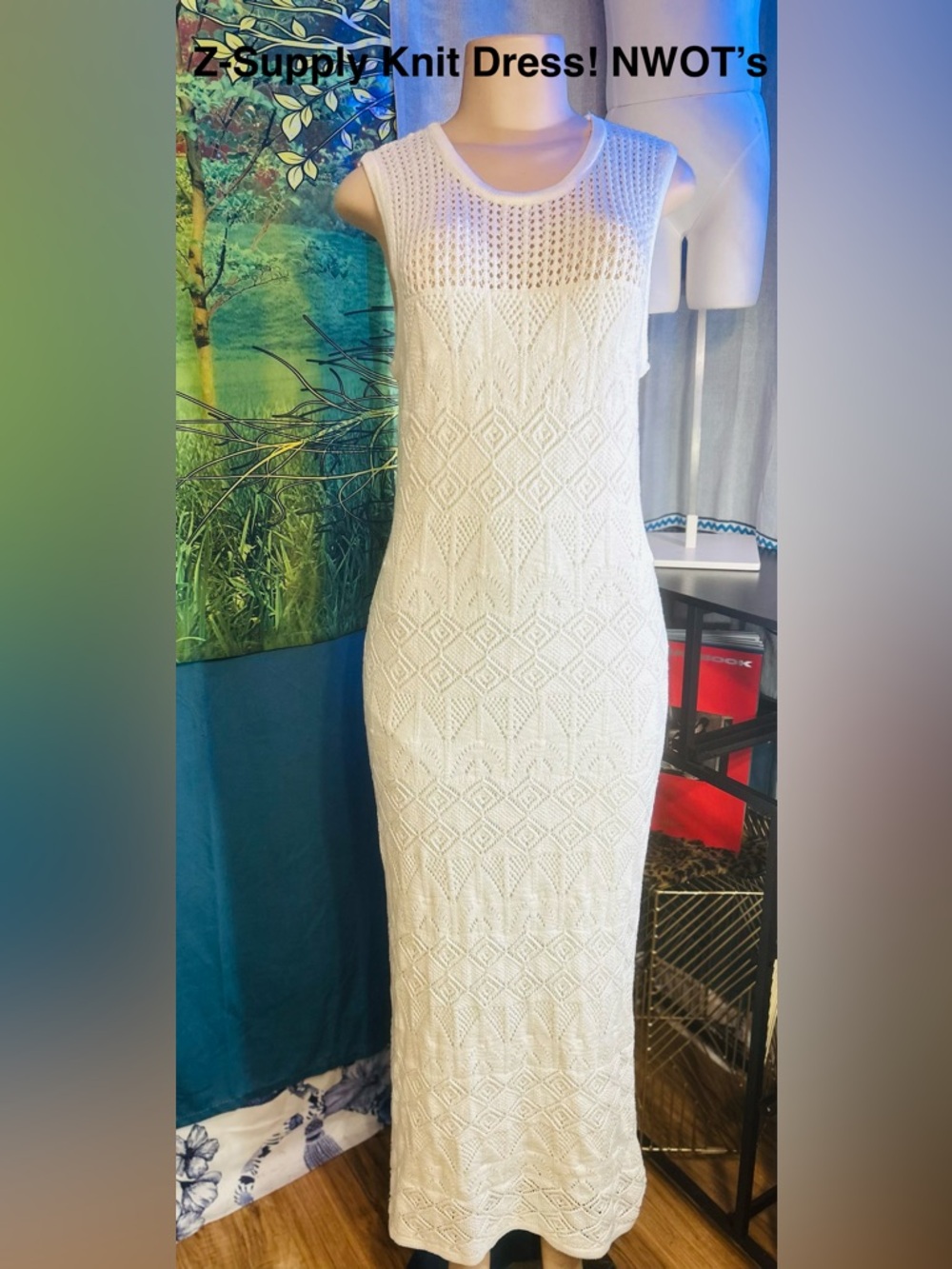 Z Supply White Sleeveless Knit Maxi Dress with Crochet Insets, Fully lined NWOTs